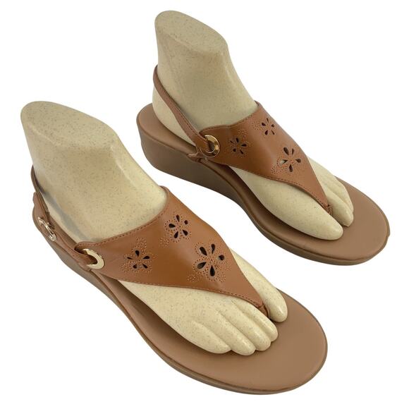 Aerosoles Brown Leather Floral Wedge Slingback Thong Sandals Womens 8.5 Preowned - Picture 1 of 6
